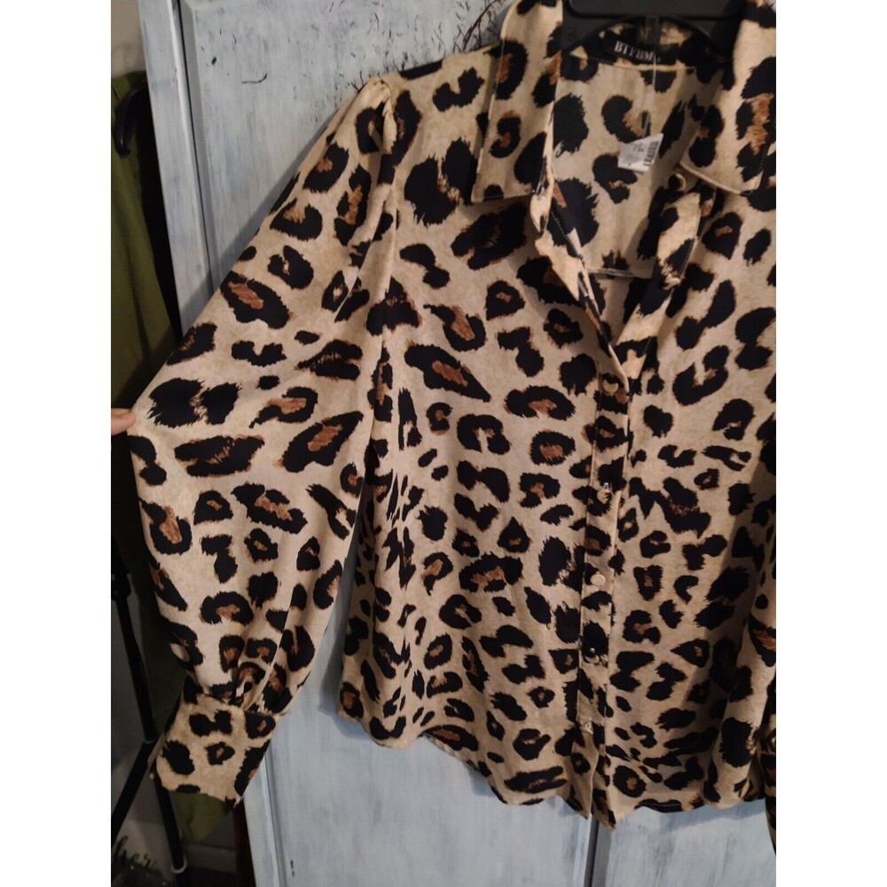 Btfbm Puff Sleeve Leopard Collared Button Up Top … - image 5
